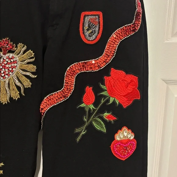 Black Wide-Leg Pants with Embroidered Designs - Picture 3 of 6